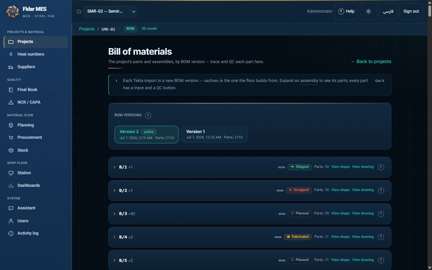 Bill of materials extracted straight from the Tekla model